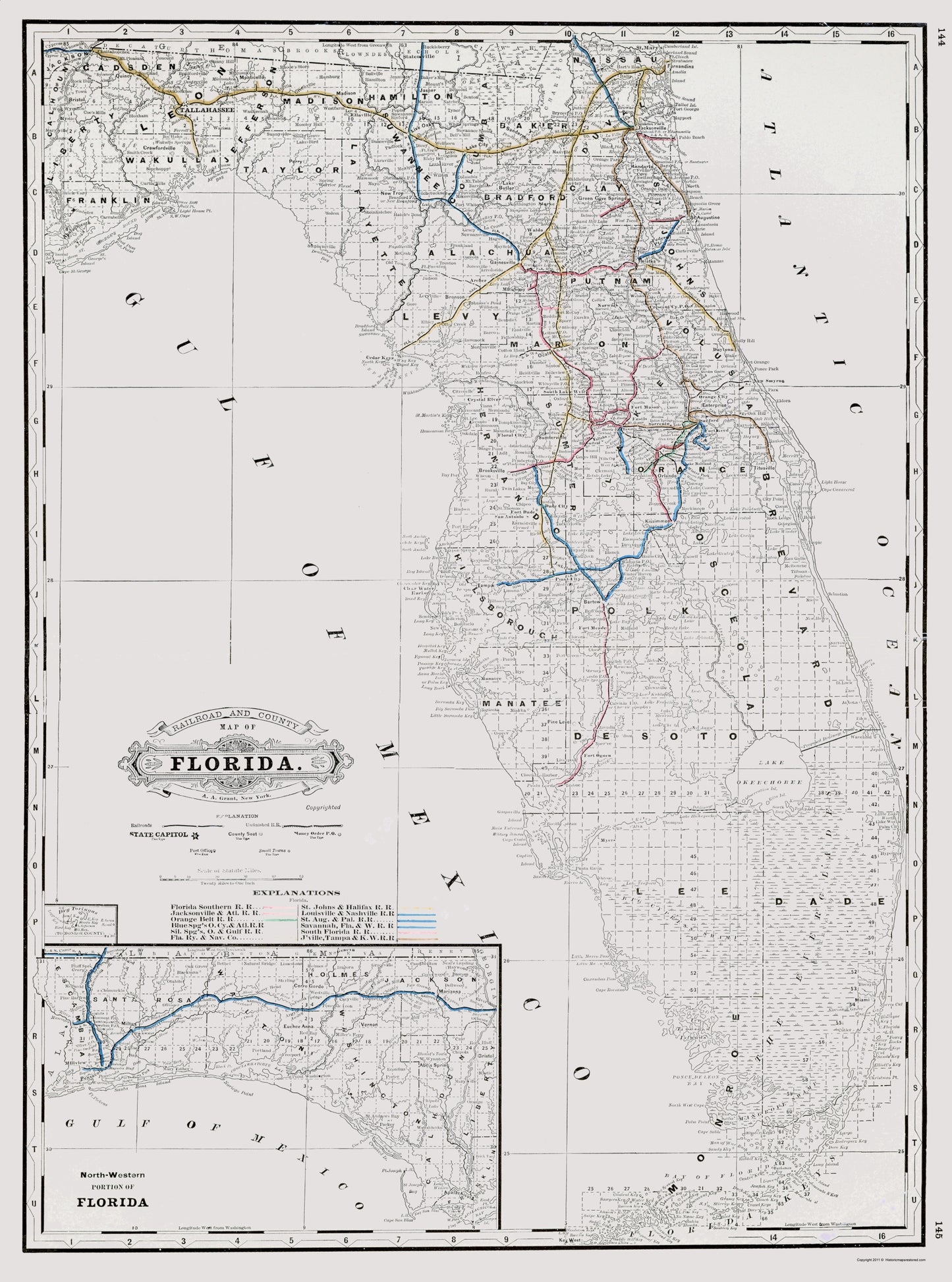 Railroad Map - Florida State Railway Counties - Grant 1889 - 23 x 30.98 - Vintage Wall Art