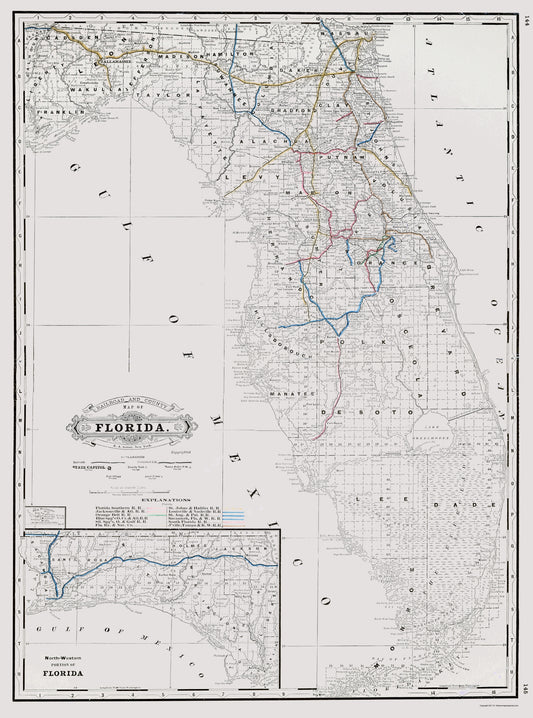 Railroad Map - Florida State Railway Counties - Grant 1889 - 23 x 30.98 - Vintage Wall Art