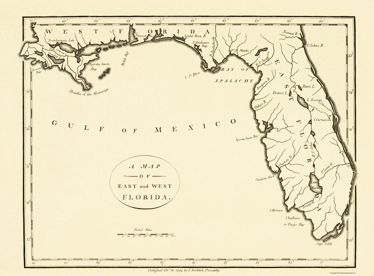 Historic State Map - Florida - Stockdale 1794 - 23 x 31.10 - Vintage Wall Art