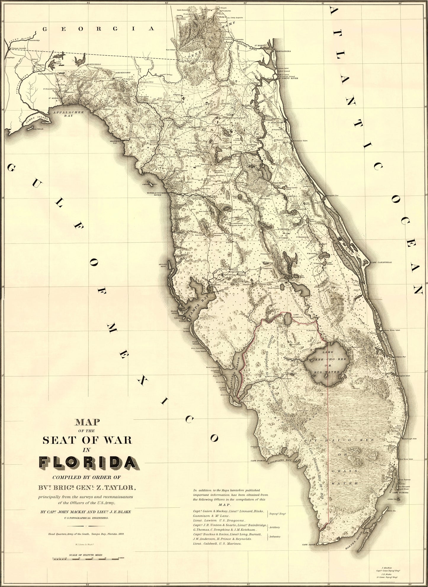 Historic War Map - Florida Second Seminole War - Stone 1839 - 23 x 31.55 - Vintage Wall Art