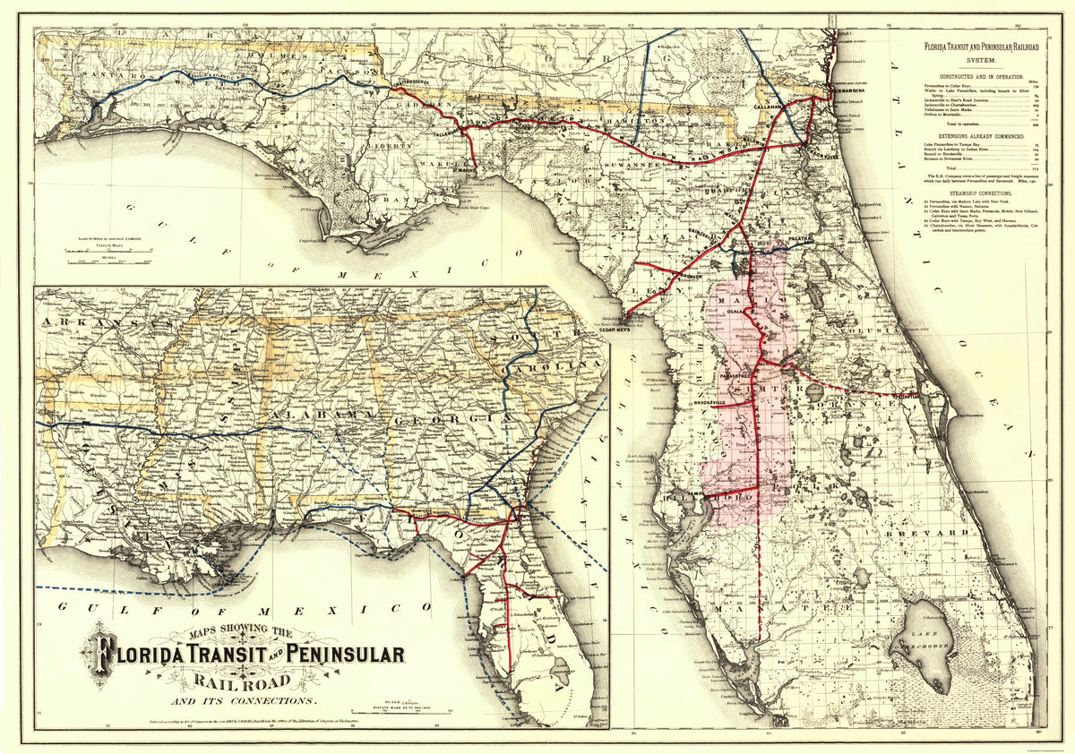 Railroad Map - Florida Transit and Peninsula Railroad 1882 - Vintage W ...