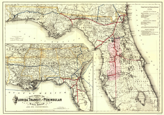 Railroad Map - Florida Transit and Peninsula Railroad 1882 - 23 x 32 - Vintage Wall Art