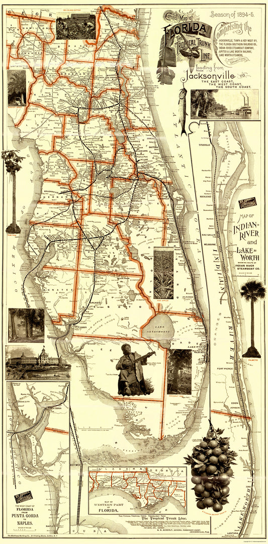 Railroad Map - Florida Railroads - Matthews 1894 - 23 x 46.65 - Vintage Wall Art