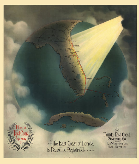 Railroad Map - Florida East Coast Railway - Florida East Coast Steamship 1898 - 23 x 27 - Vintage Wall Art