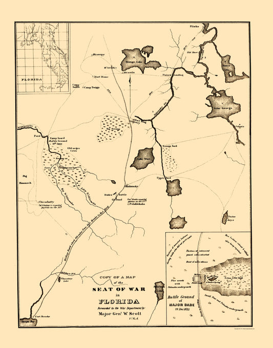 Historic War Map - Florida Seminole Wars- Florida East Coast 1836 - 23 x 29.36 - Vintage Wall Art