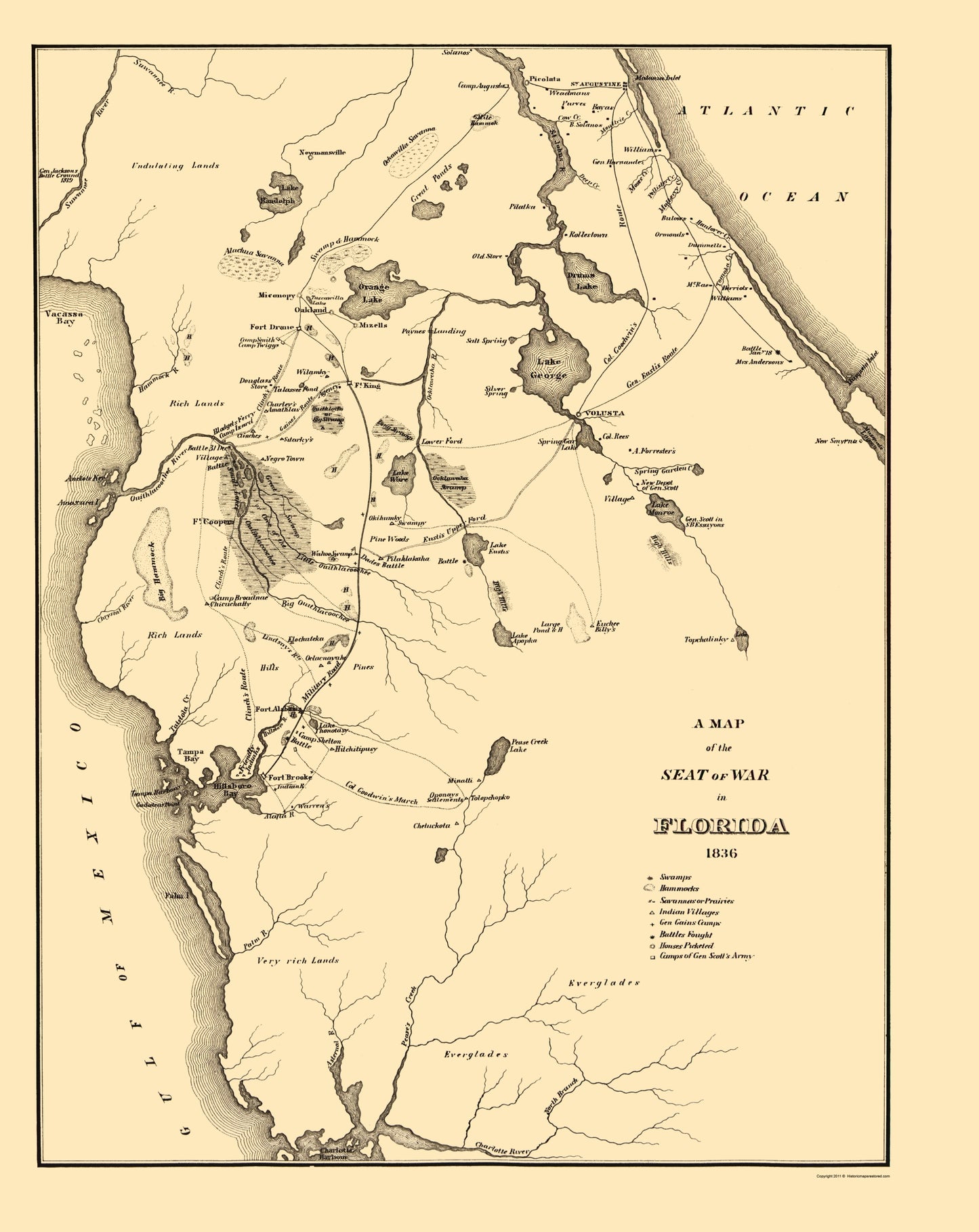 Historic War Map - Florida Seminole War Theatre - Bowen 1836 - 23 x 28.96 - Vintage Wall Art