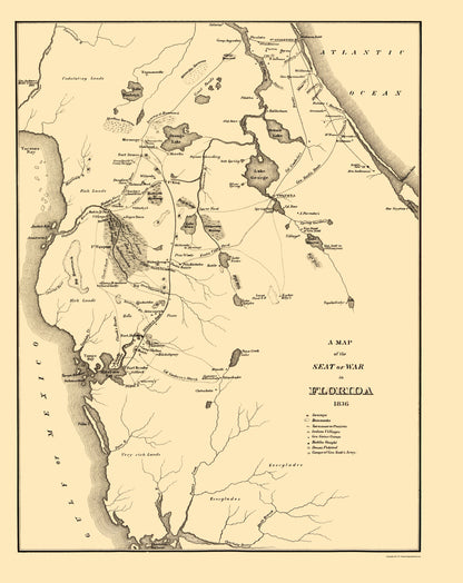 Historic War Map - Florida Seminole War Theatre - Bowen 1836 - 23 x 28.96 - Vintage Wall Art