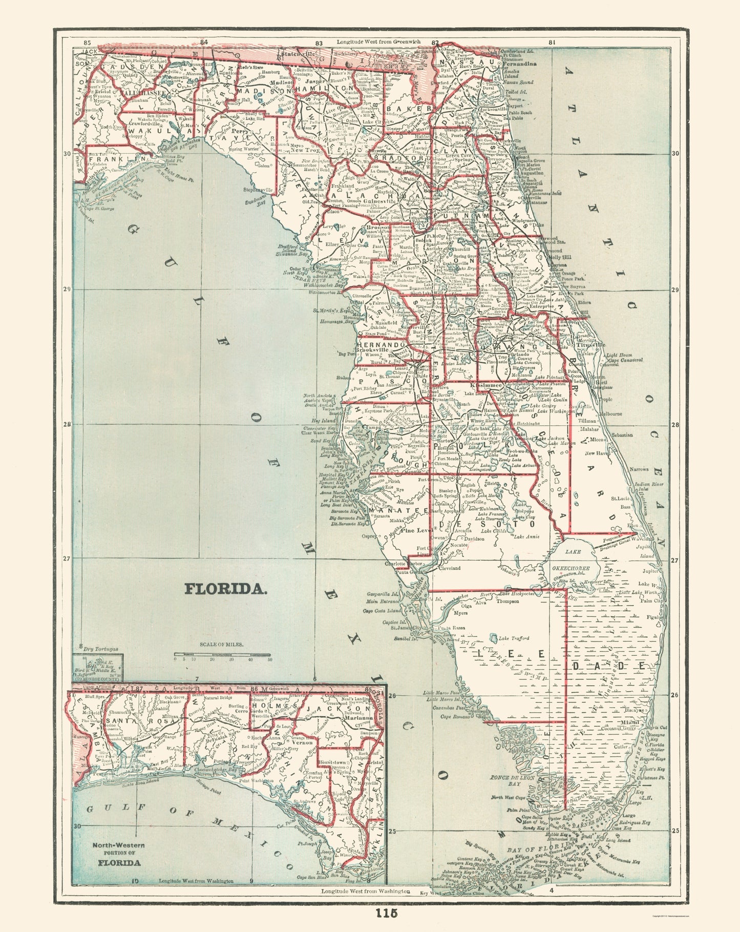 Historic State Map - Florida - Rathbun 1893 - 23 x 28.94 - Vintage Wall Art