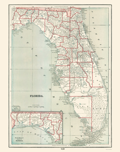 Historic State Map - Florida - Rathbun 1893 - 23 x 28.94 - Vintage Wall Art