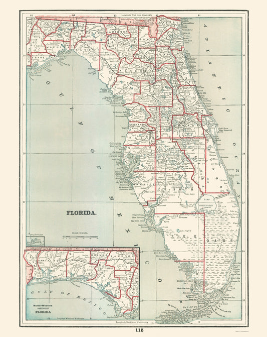 Historic State Map - Florida - Rathbun 1893 - 23 x 28.94 - Vintage Wall Art