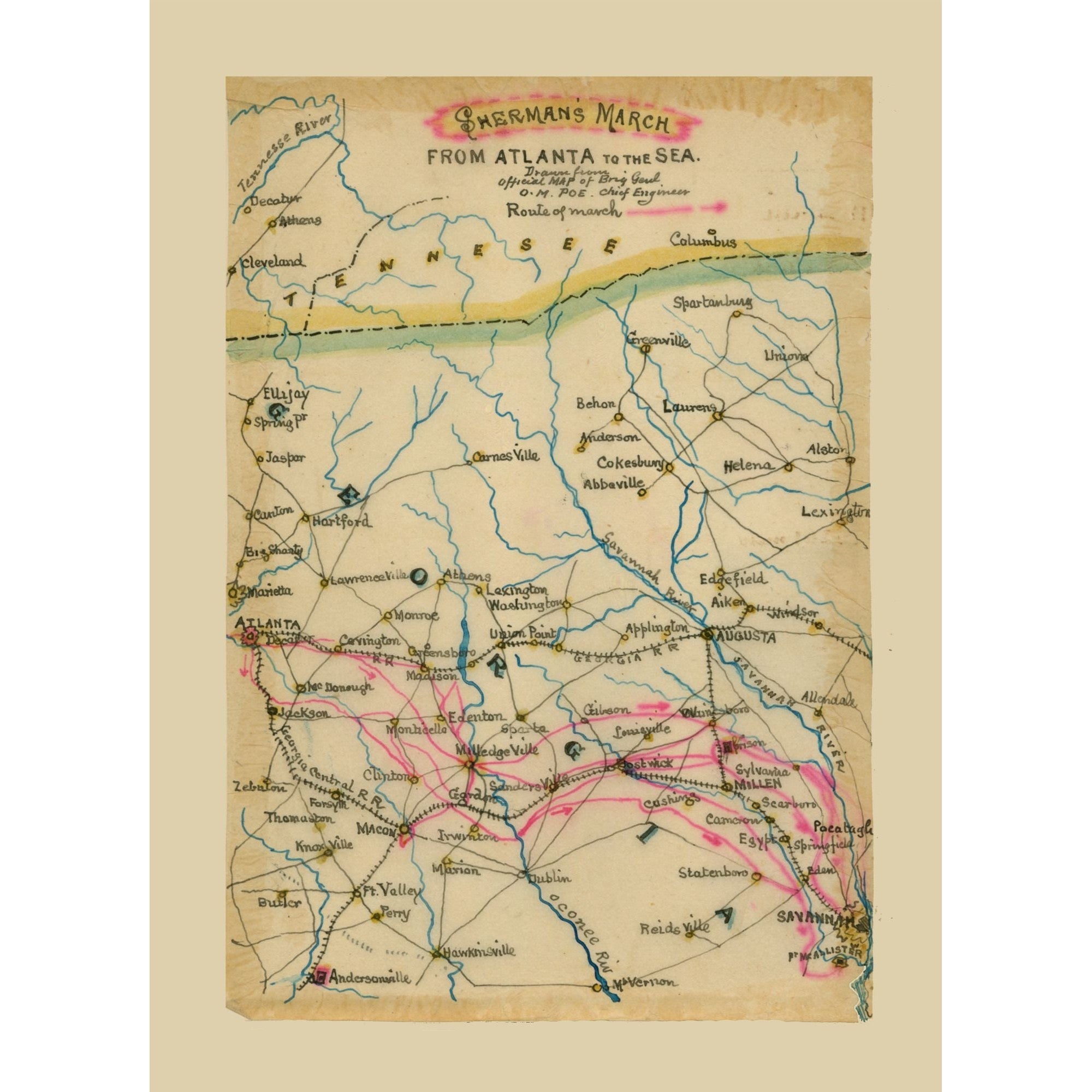 Historical Civil War Map - Georgia Shermans March - Poe 1864 - 23 x 31 ...