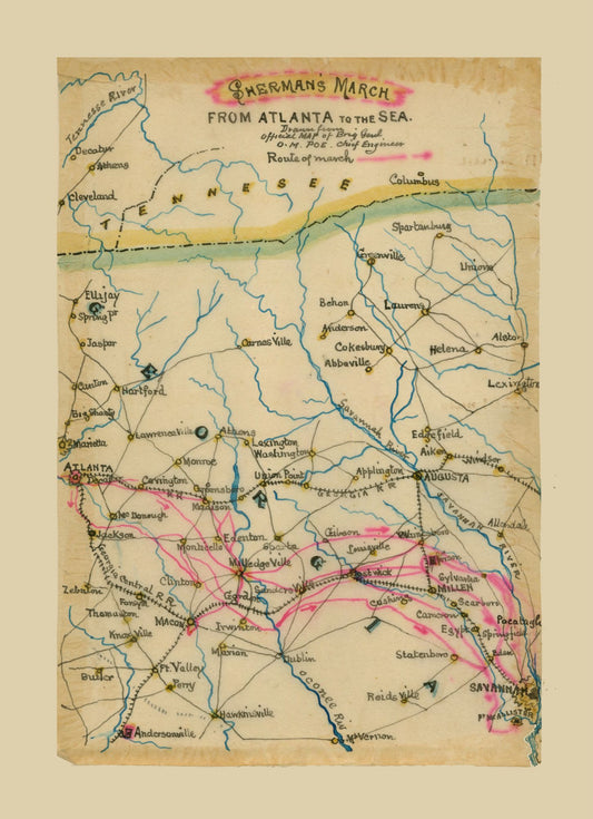 Historical Civil War Map - Georgia Shermans March - Poe 1864 - 23 x 31.70 - Vintage Wall Art
