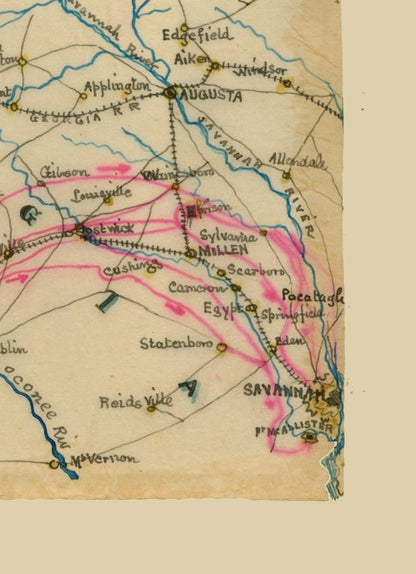 Historical Civil War Map - Georgia Shermans March - Poe 1864 - 23 x 31.70 - Vintage Wall Art