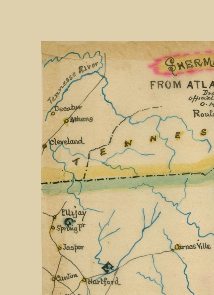 Historical Civil War Map - Georgia Shermans March - Poe 1864 - 23 x 31.70 - Vintage Wall Art