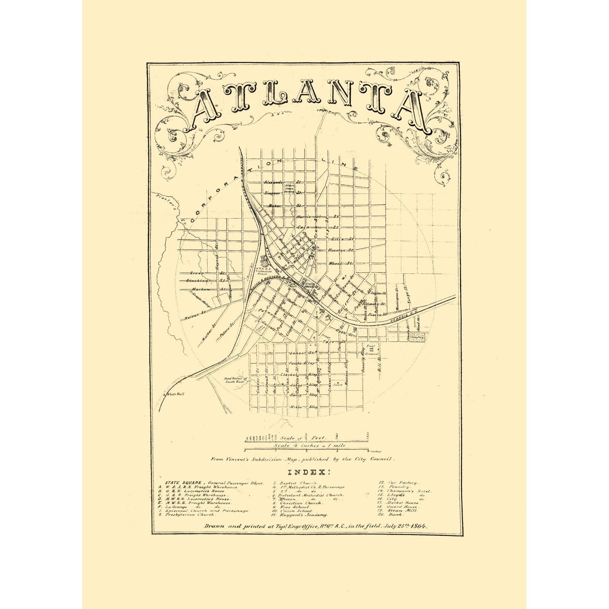 Historic City Map - Atlanta Georgia - Vincent 1864 - 23 x 31.52 - Vint ...