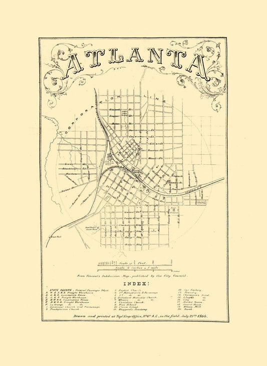 Historic City Map - Atlanta Georgia - Vincent 1864 - 23 x 31.52 - Vintage Wall Art