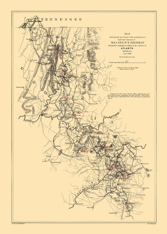 Historical Civil War Map - Georgia Sherman Campaign - Hergesheimer 1864 - 23 x 32.32 - Vintage Wall Art