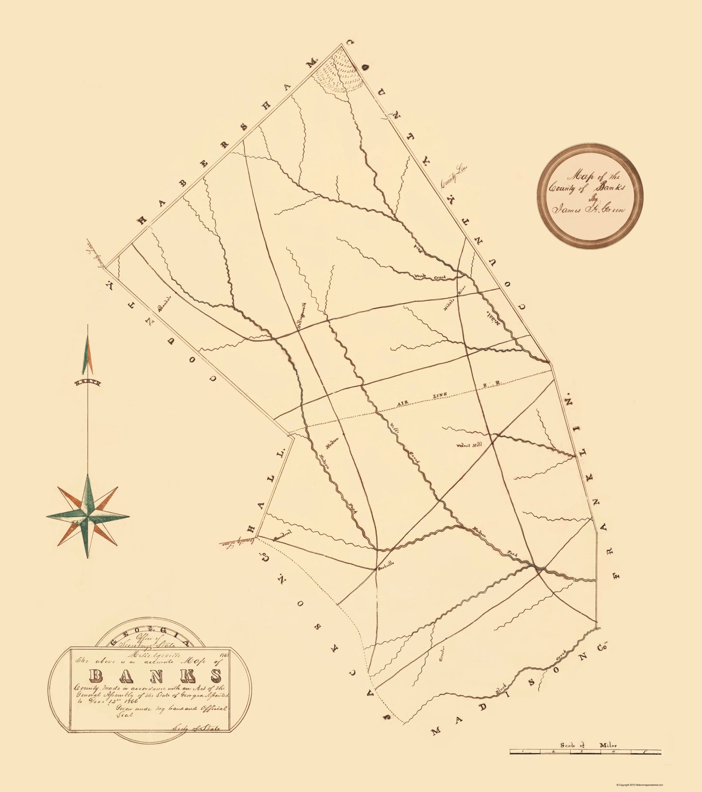 Historic County Map - Banks County Georgia - Green 1868 - 23 x 25.96 - Vintage Wall Art
