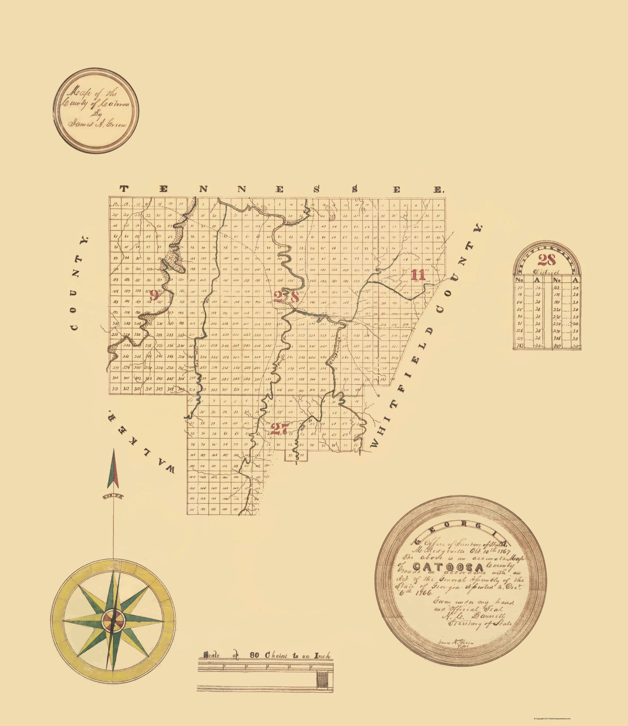 Historic County Map - Catoosa County Georgia - Green 1867 - 23 x 26.59 ...