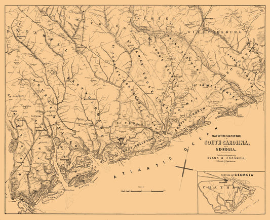 Historical Civil War Map - South Carolina Georgia - Cogswell 1861 - 28.26 x 23 - Vintage Wall Art
