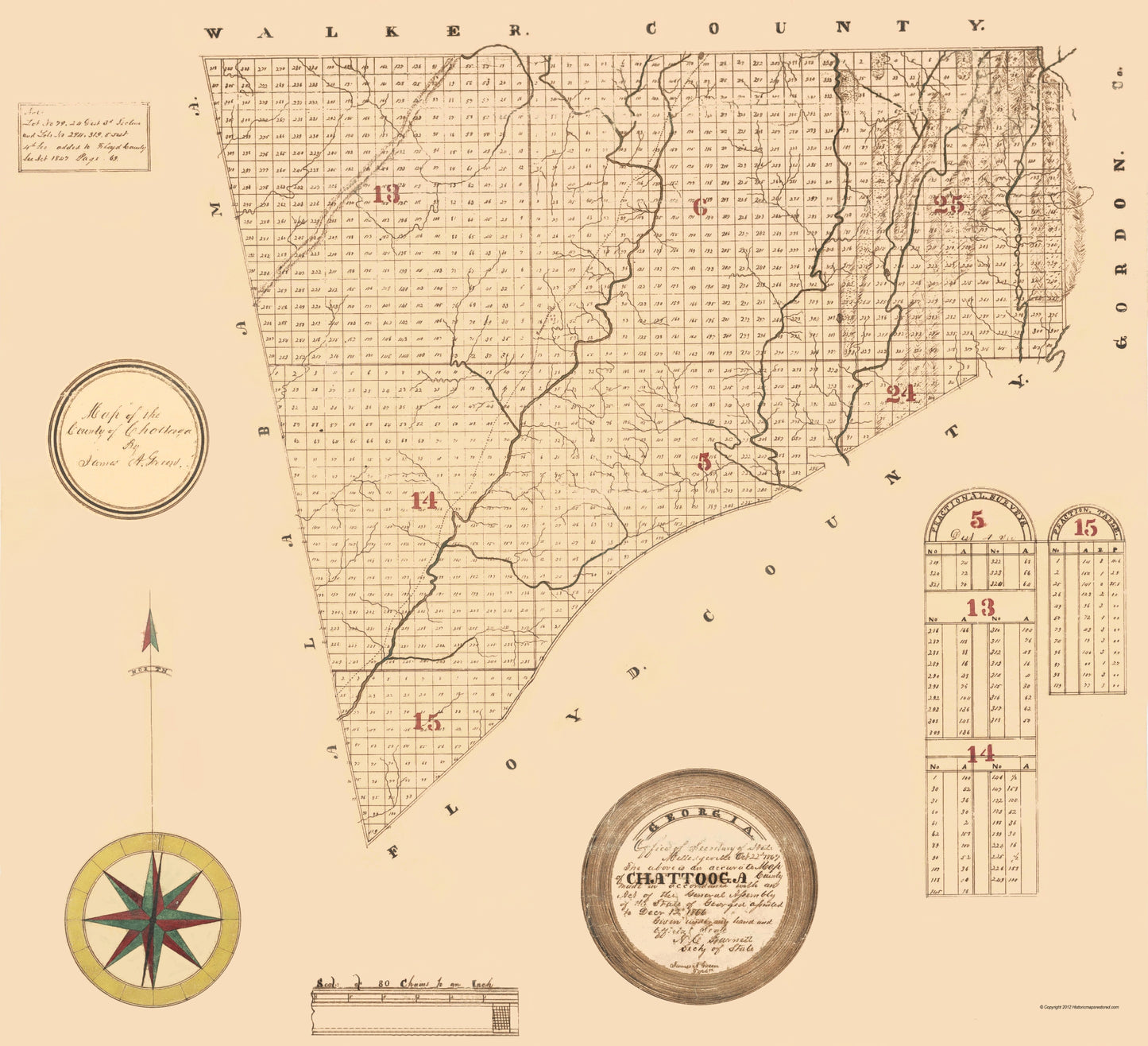 Historic County Map - Chattooga County Georgia - Green 1866 - 23 x 25.25 - Vintage Wall Art