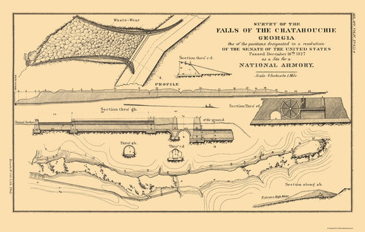 Historic City Map - Chattahoochee Falls Armory Georgia - Bowen 1827 - 23 x 36.27 - Vintage Wall Art