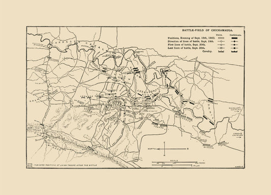 Historical Civil War Map - Chickamauga Georgia Battlefield - Wells 1887 - 31.86 x 23 - Vintage Wall Art
