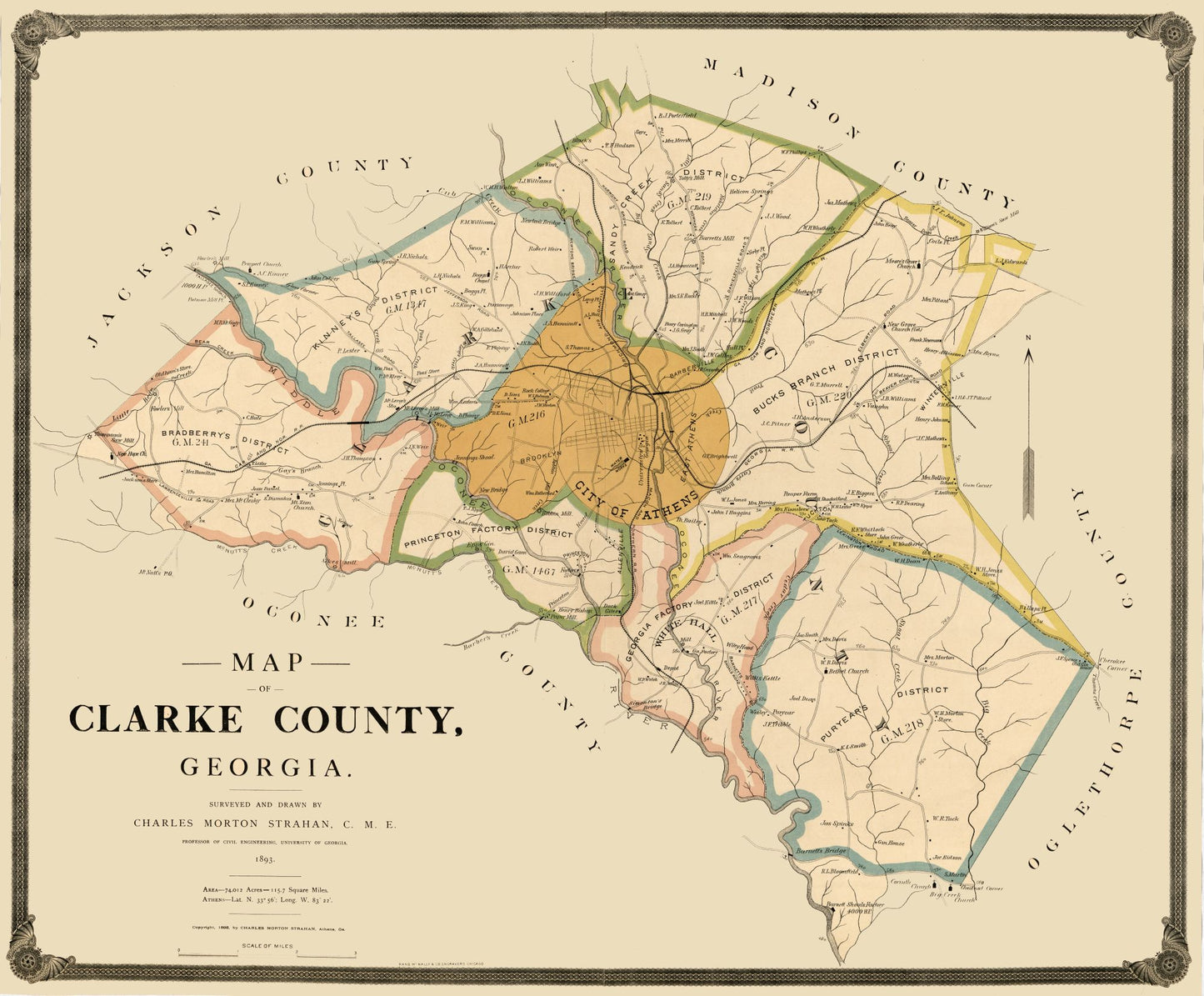 Historic County Map - Clarke County Georgia - Strahan 1893 - 27.80 x 23 - Vintage Wall Art