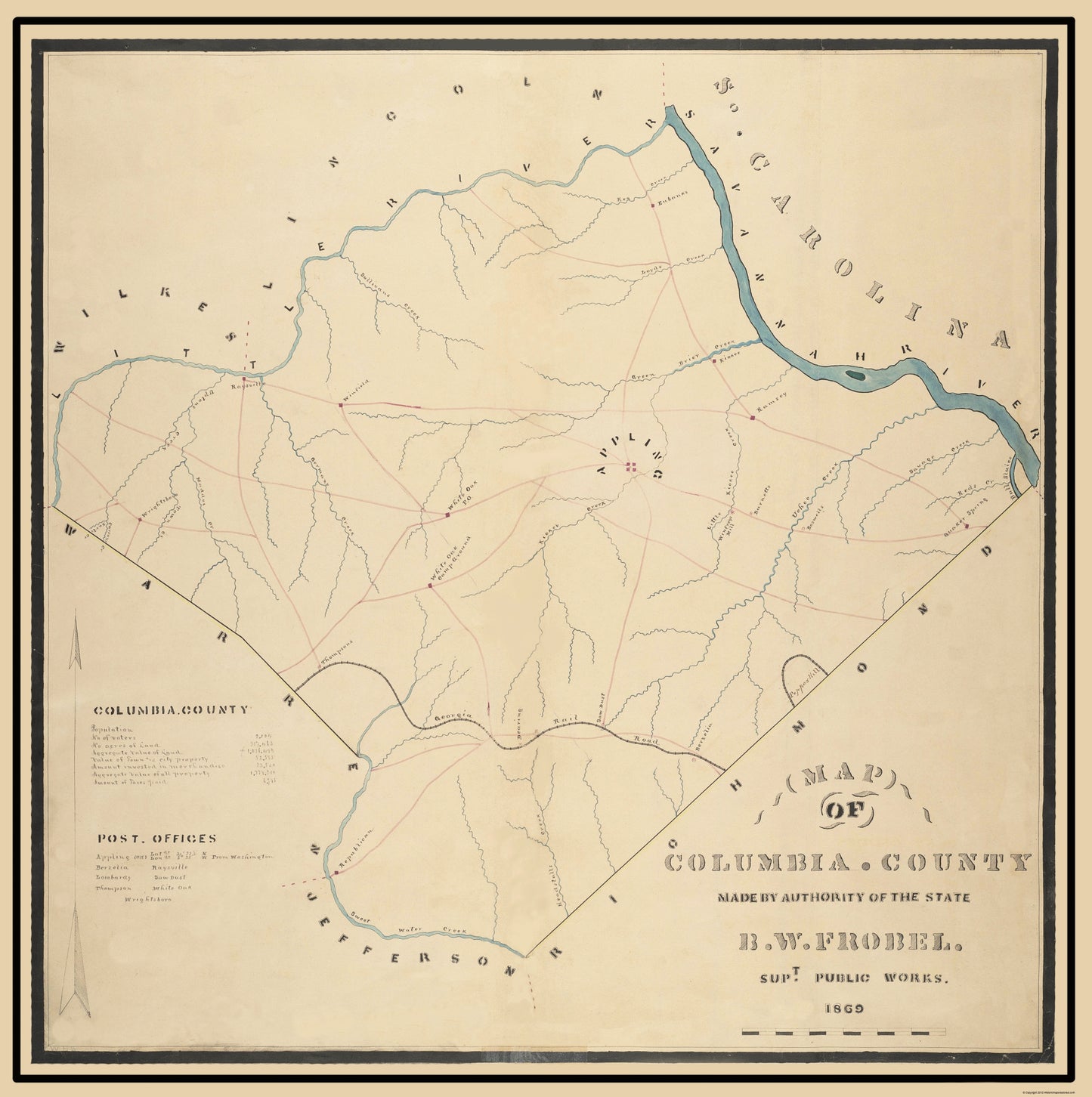 Historic County Map - Columbia County Georgia - Frobel 1869 - 23 x 23.11 - Vintage Wall Art