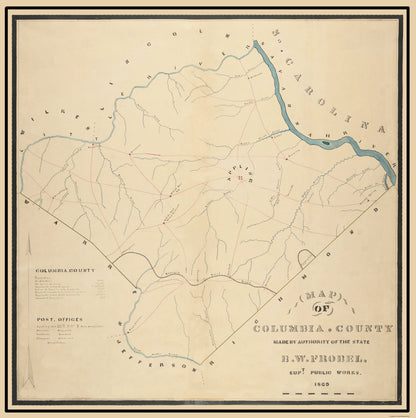 Historic County Map - Columbia County Georgia - Frobel 1869 - 23 x 23.11 - Vintage Wall Art