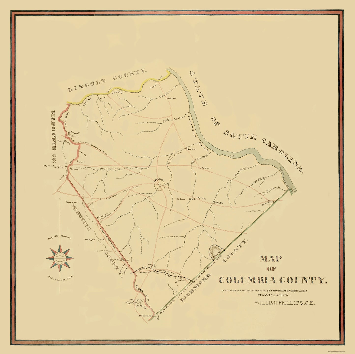 Historic County Map - Columbia County Georgia - Mc Duffie 1871 - 23 x 23.07 - Vintage Wall Art