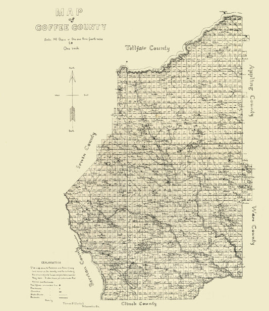 Historic County Map - Coffee County Georgia - Marshall 1891 - 23 x 26.53 - Vintage Wall Art