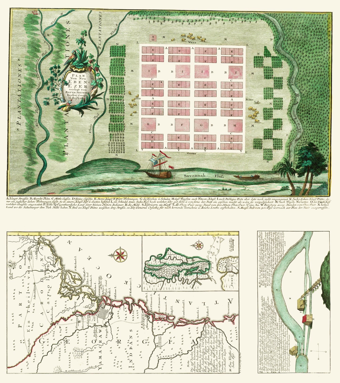 Historic City Map - Ebenezer Georgia - Seutter 1747 - 23 x 25.94 - Vintage Wall Art