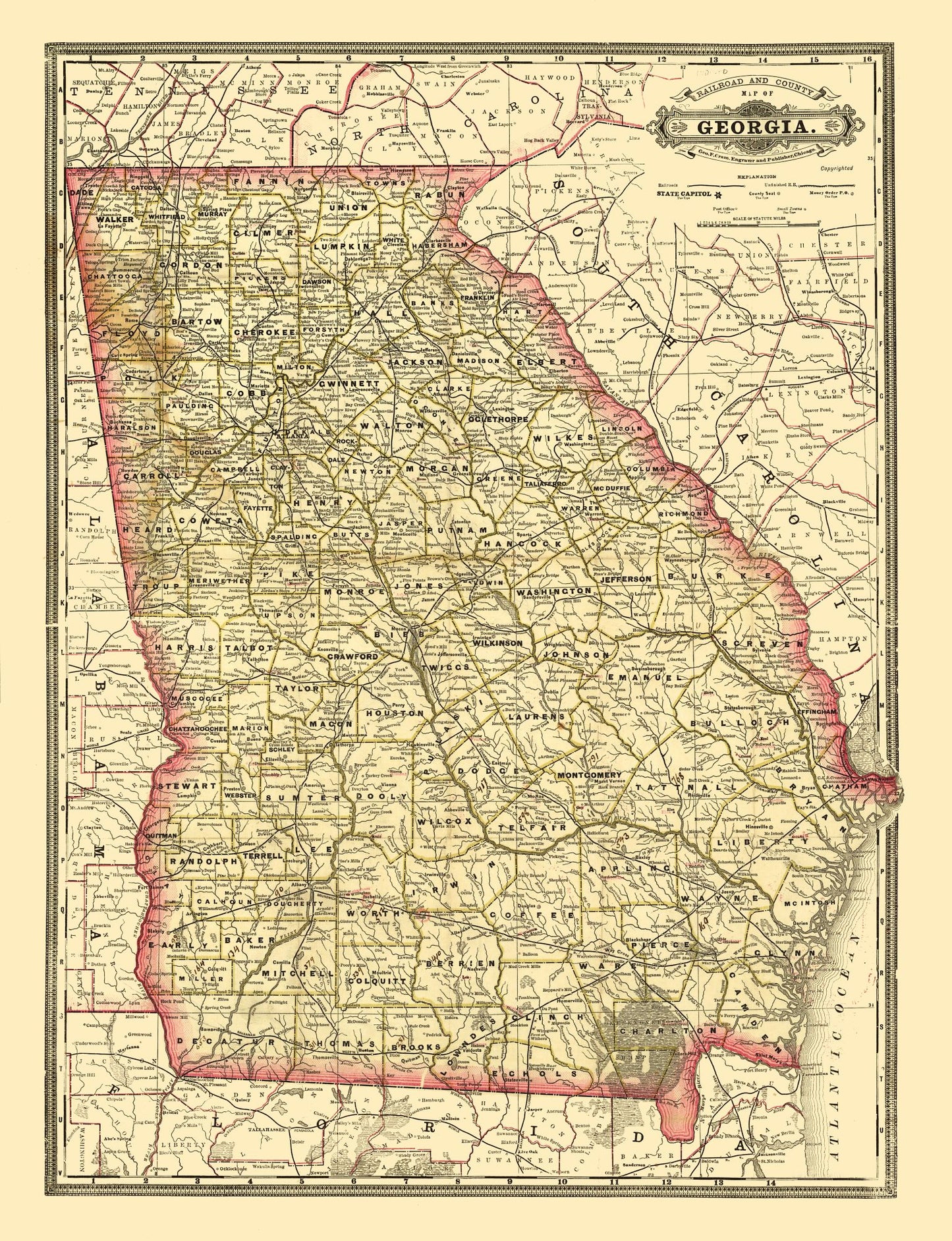 Railroad Map - Georgia Railroad - Cram 1883 - 23 x 29.97 - Vintage Wall Art