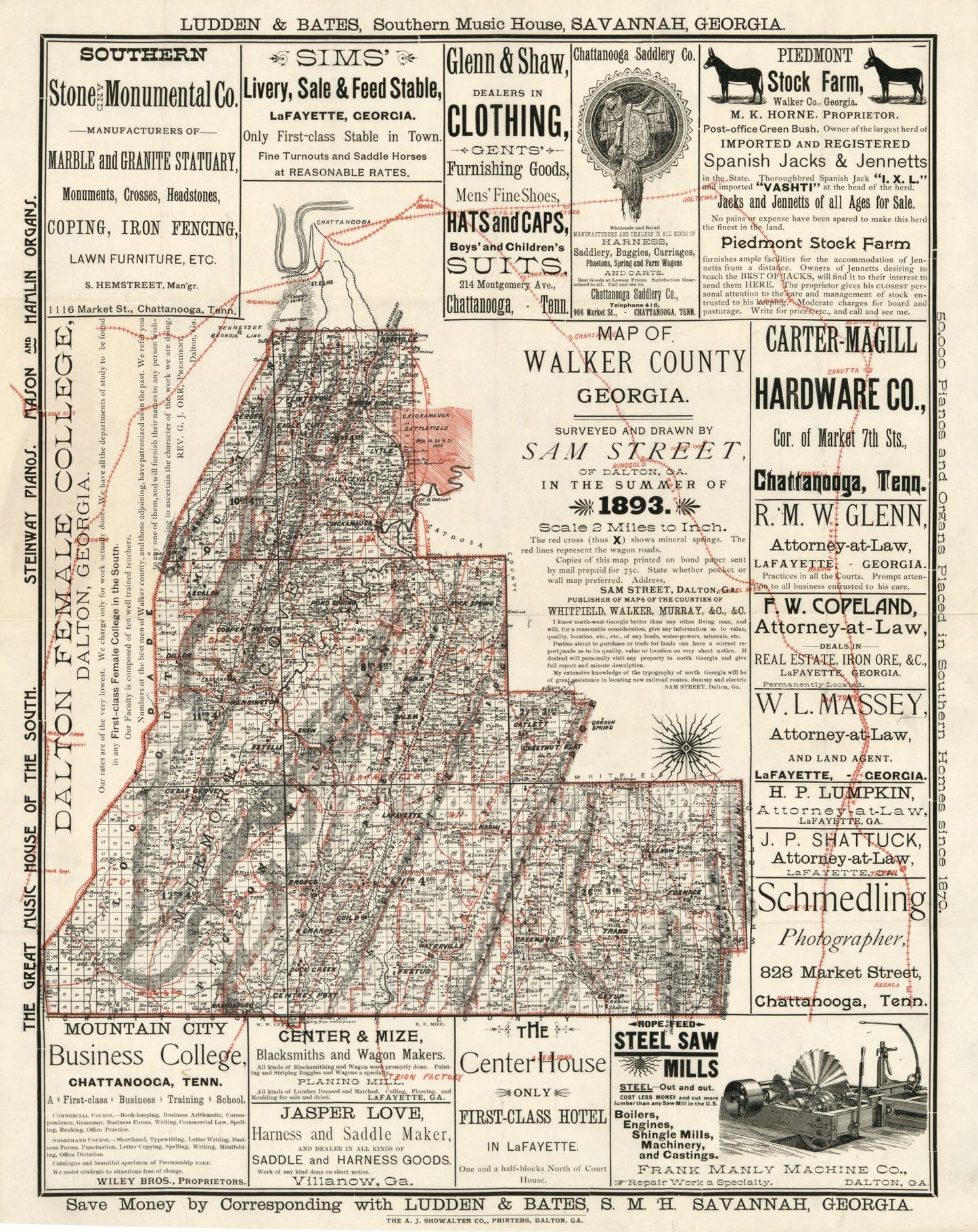 Historic County Map - Walker County Georgia - Street 1893 - 23 x 28.97 - Vintage Wall Art