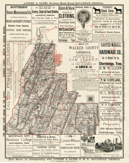 Historic County Map - Walker County Georgia - Street 1893 - 23 x 28.97 - Vintage Wall Art