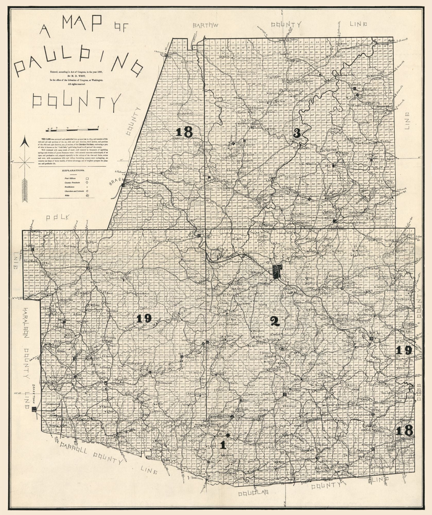 Historic County Map - Paulding County Georgia - West 1896 - 23 x 27.42 ...