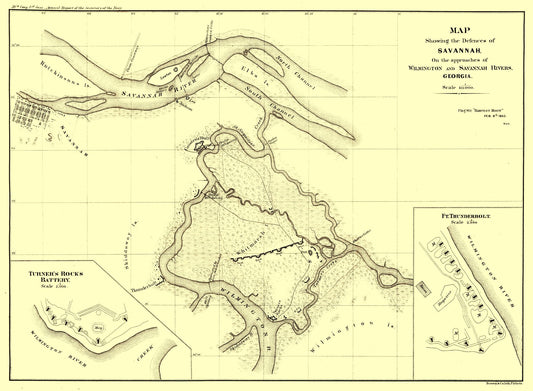 Historical Civil War Map - Savannah Georgia Defences - Bowen 1865 - 31.37 x 23 - Vintage Wall Art
