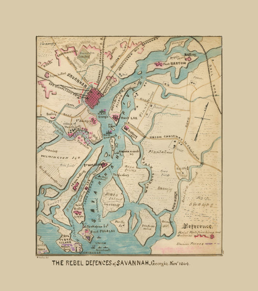 Historical Civil War Map - Savannah Georgia Defences - Sneden 1864 - 23 x 25.87 - Vintage Wall Art