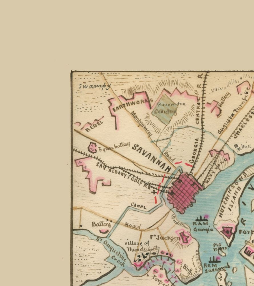 Historical Civil War Map - Savannah Georgia Defences - Sneden 1864 - 23 x 25.87 - Vintage Wall Art