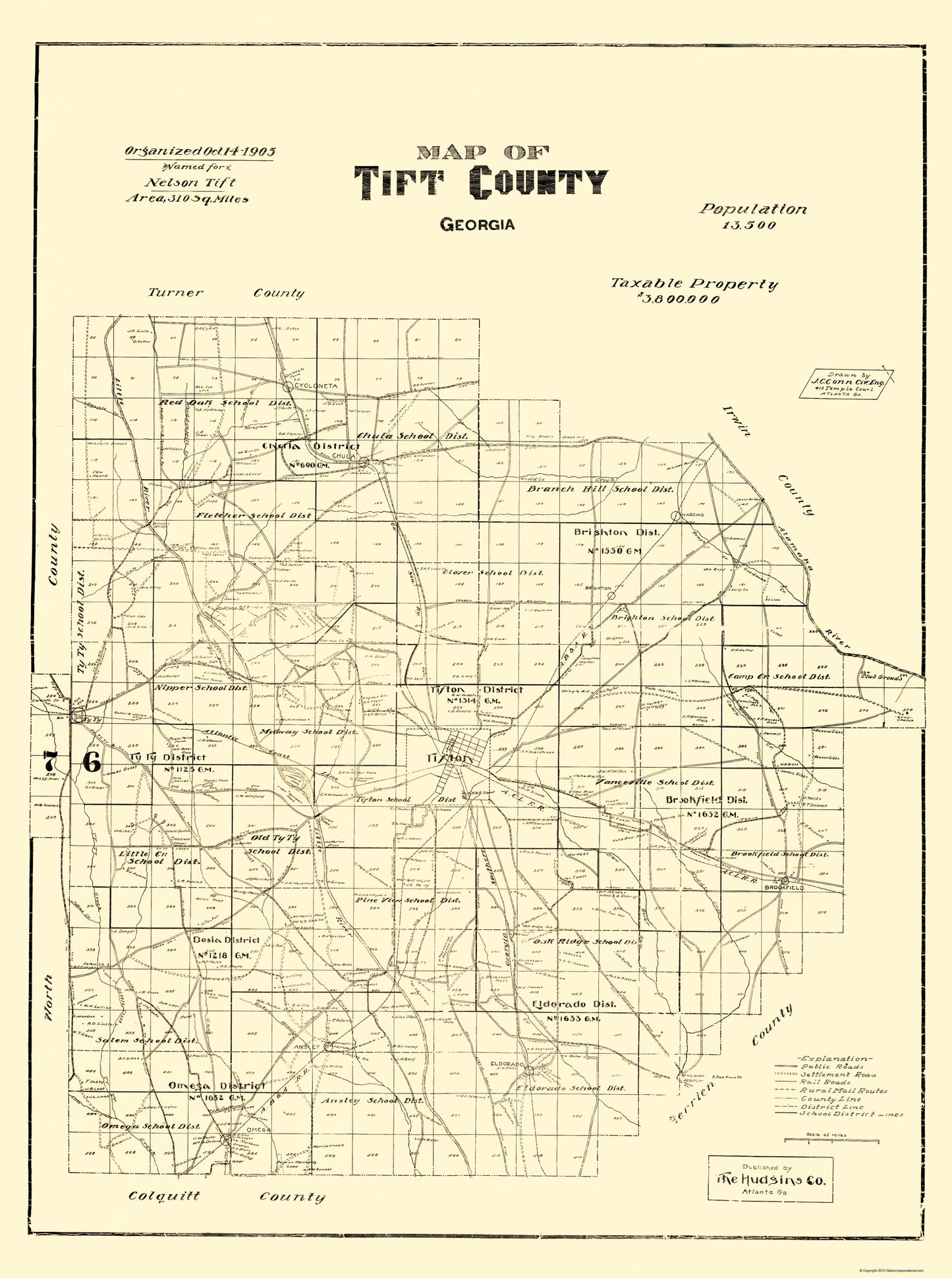 Historic County Map - Tift County Georgia - Hudgins 1905 - 23 x 30.86 - Vintage Wall Art