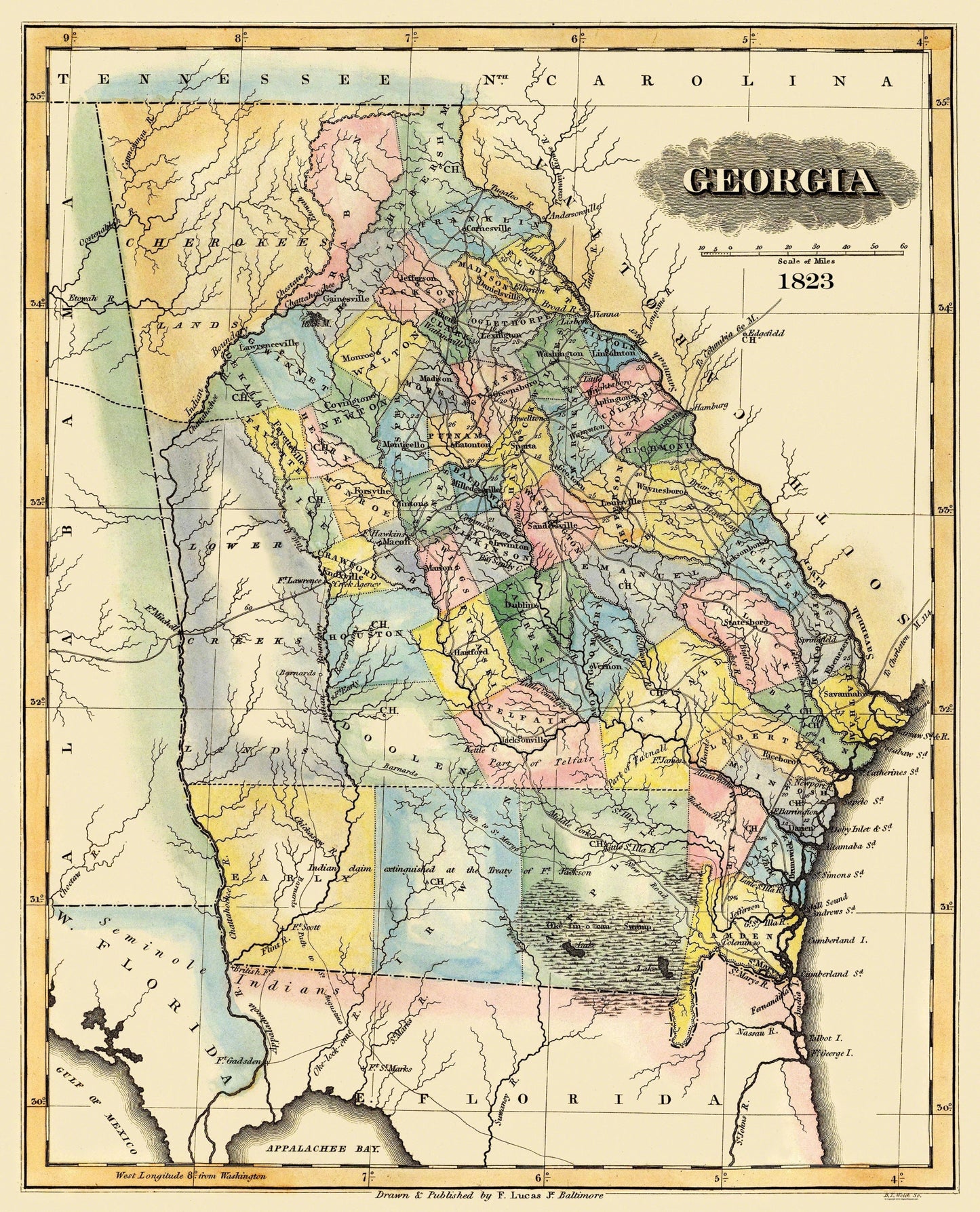 Historic State Map - Georgia - Lucas 1823 - 23 x 28.44 - Vintage Wall Art