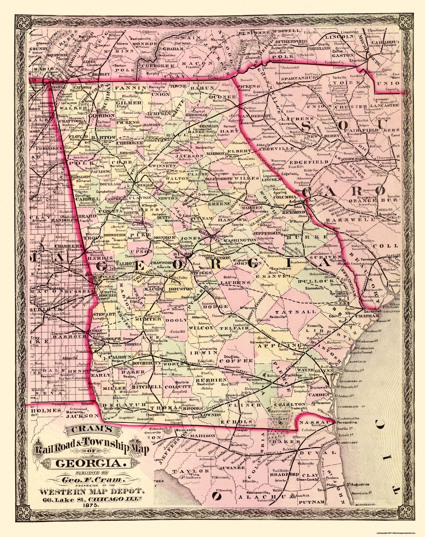 Historic State Map - Georgia - Cram 1875 - 23 x 29.06 - Vintage Wall Art