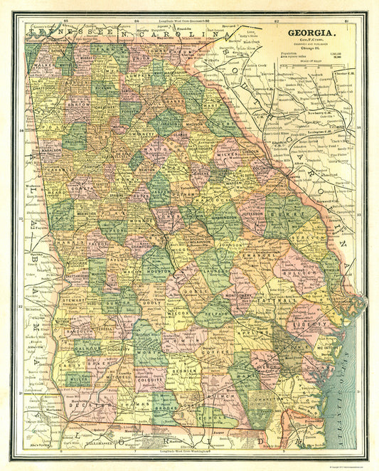 Historic State Map - Georgia - Cram 1886 - 23 x 28.58 - Vintage Wall Art