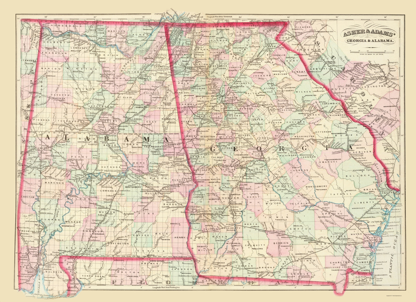 Historic State Map - Georgia Alabama - Asher 1874 - 23 x 31.72 - Vintage Wall Art