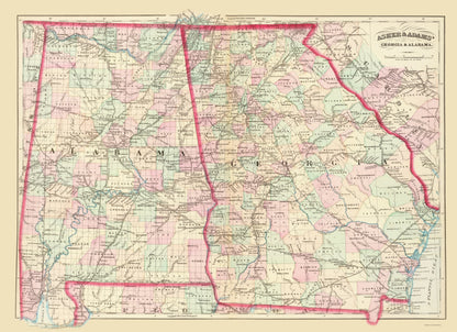 Historic State Map - Georgia Alabama - Asher 1874 - 23 x 31.72 - Vintage Wall Art