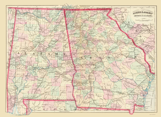 Historic State Map - Georgia Alabama - Asher 1874 - 23 x 31.72 - Vintage Wall Art