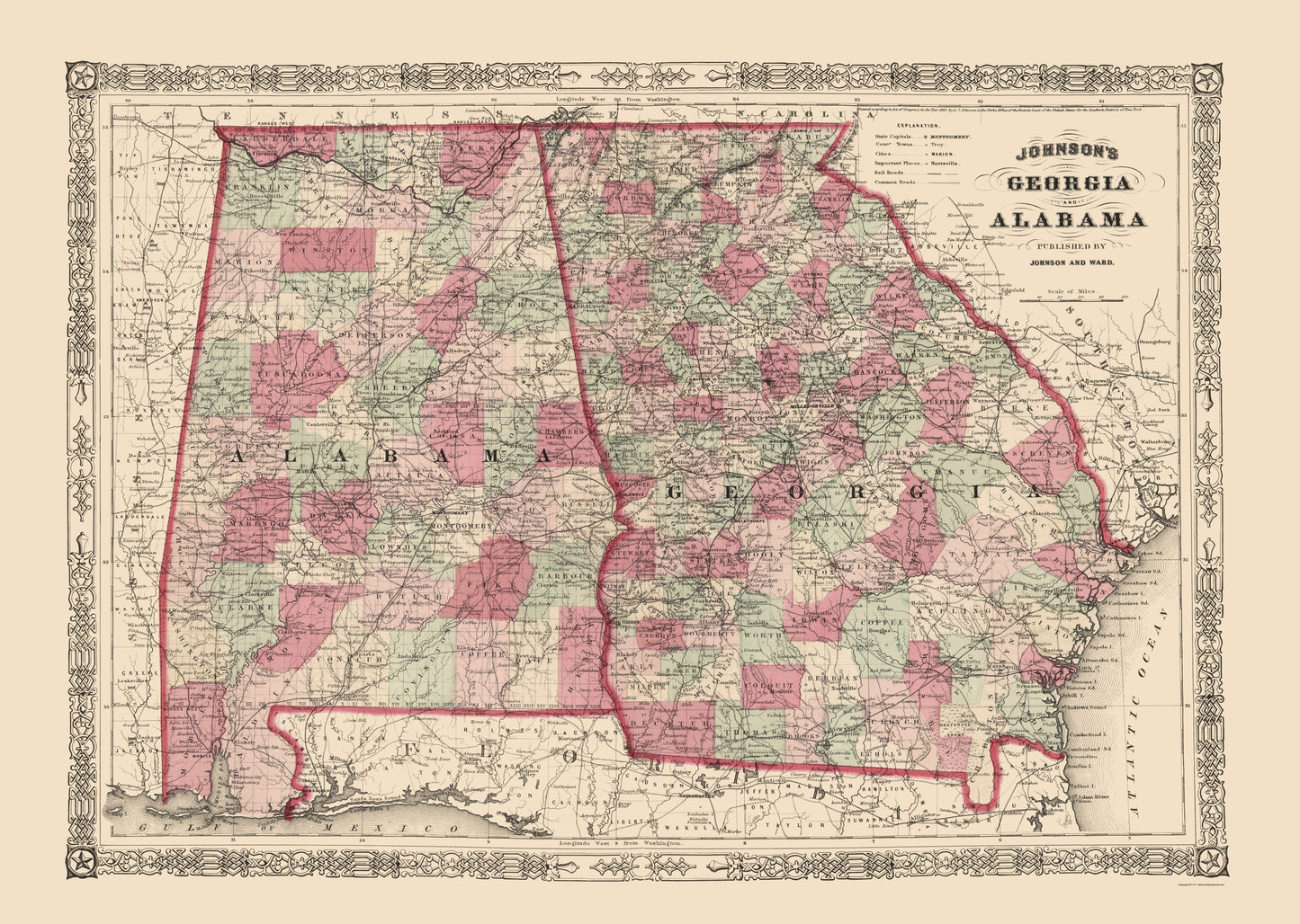 Historic State Map - Georgia Alabama - Johnson 1864 - 23 x 32.33 - Vintage Wall Art