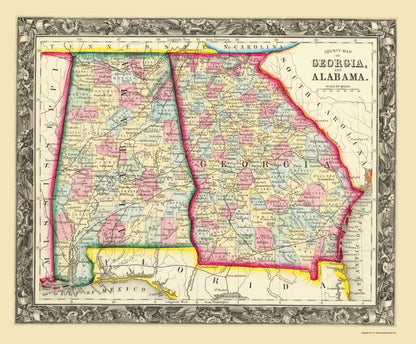 Historic State Map - Georgia Alabama - Mitchell 1860 - 23 x 27.85 - Vintage Wall Art