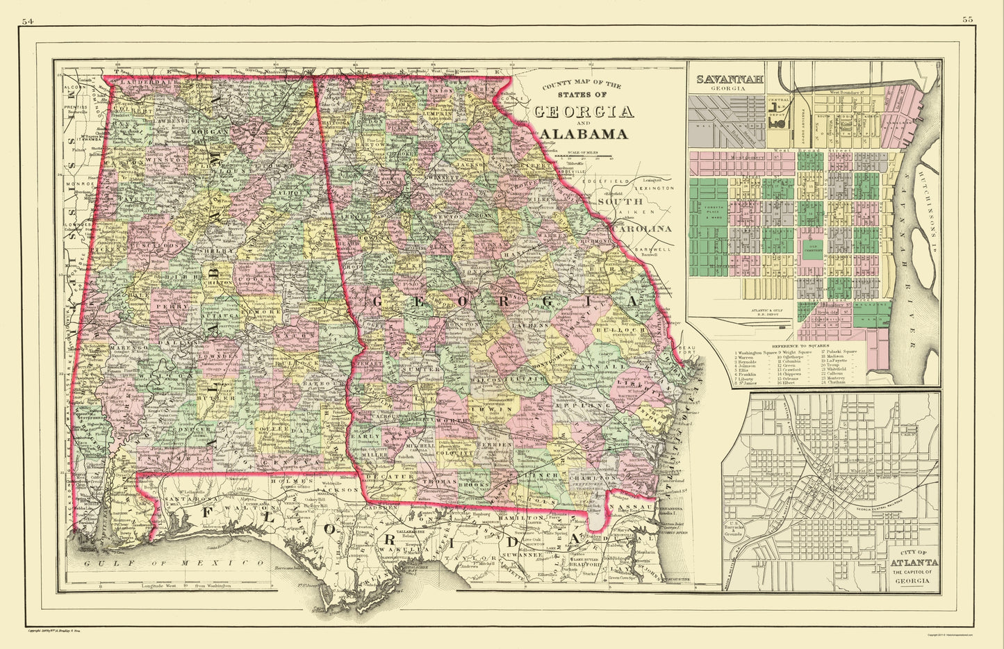 Historic State Map - Georgia Alabama - Mitchell 1890 - 23 x 35.59 - Vintage Wall Art